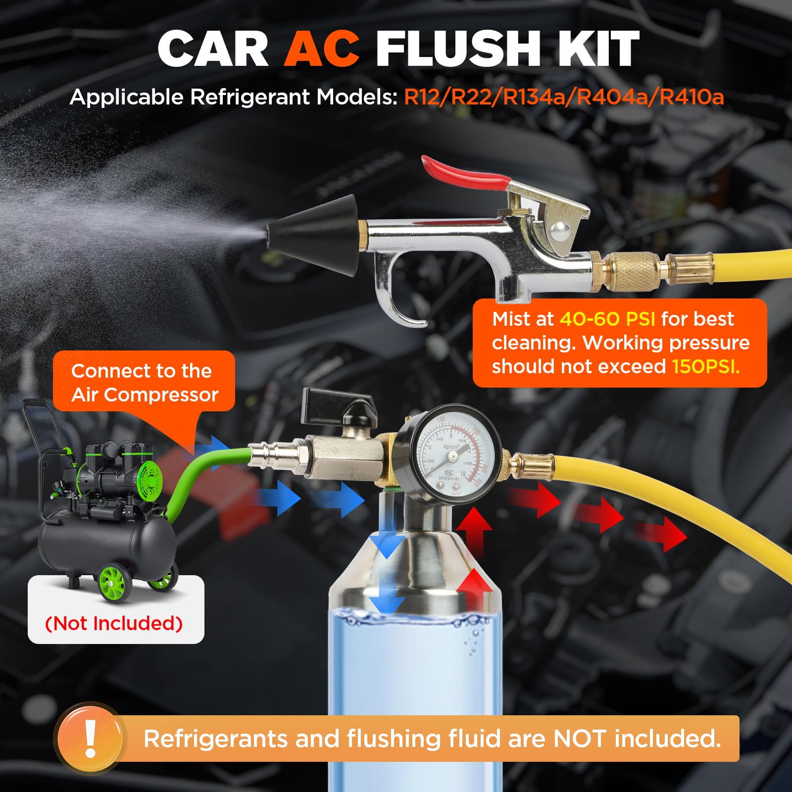 AC Flush Kit, zestaw do czyszczenia klimatyzacji samochodowej z ciśnieniomierzem, głowicą natryskową i wężem 1 m, zestaw do spłukiwania AC do czyszczenia samochodów i domowych przewodów