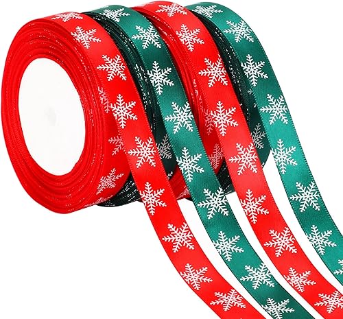 DECYOOL - 4 rollos de cintas de Navidad de copos de nieve de 100 yardas para envoltura de regalos, cinta de satén roja y verde de 0.59 pulgadas de