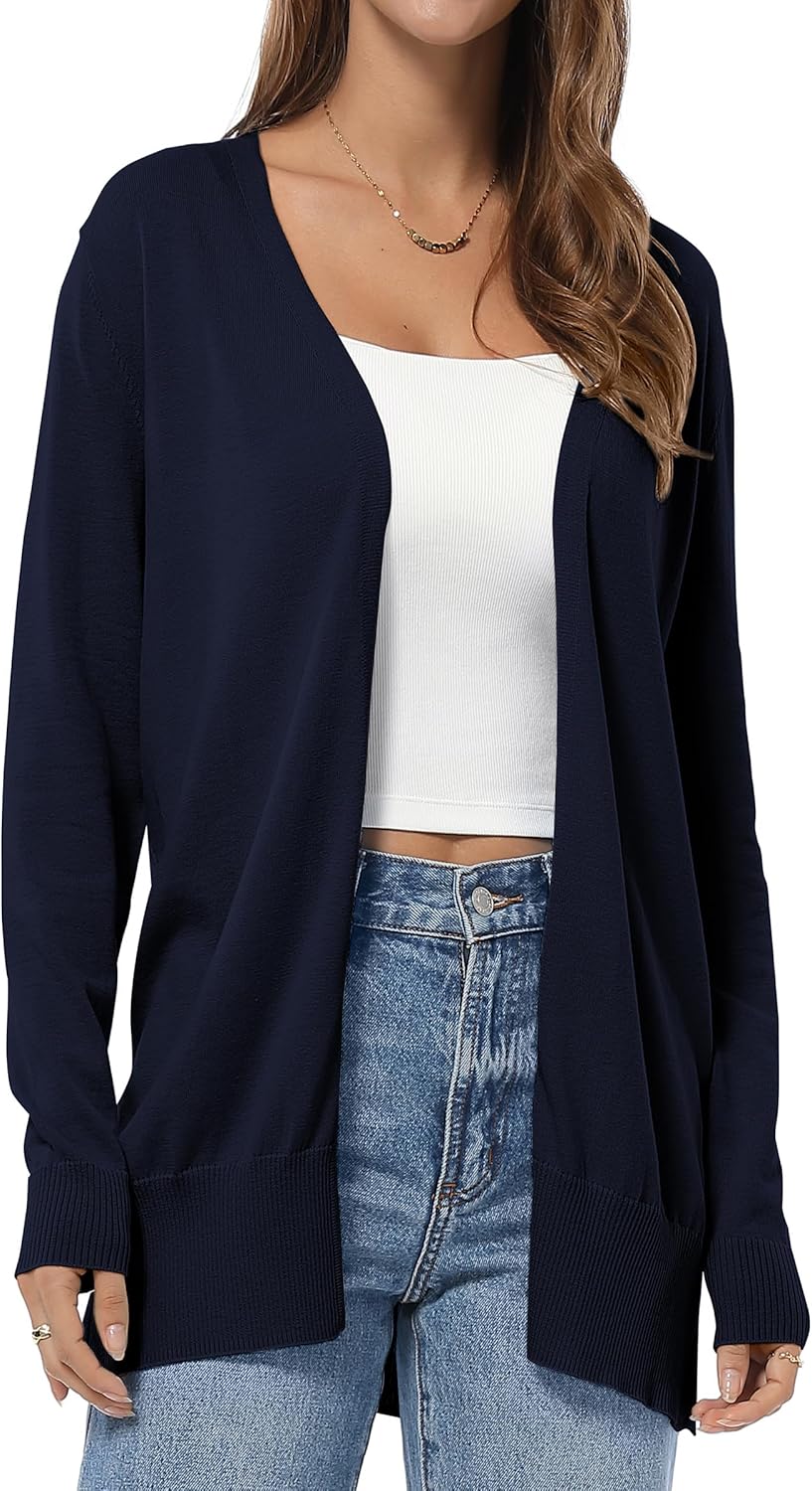 QUALFORT Women's Lightweight Open Front Cardigan Cotton Long Sleeve Casual Loose Fit Knit Cover Up Sweater - Image 5