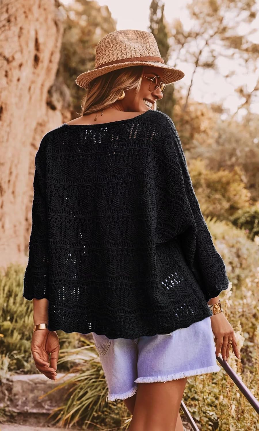 Allimy Womens Spring 3/4 Sleeves Crochet Oversized Sweater for Women 2026 Beach Resort Wear Tops - Image 5