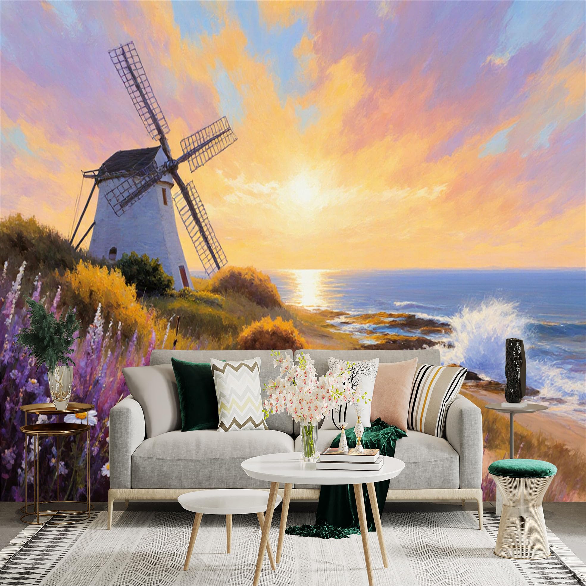 Lnzczhyre Xc260505443 Custom Size Wall Sticker Mural， Scenic Windmill On Coastal Hill， Beautiful Sunset Horizon， Vibrant Wildflowers In Bloom， Serene Ocean Waves， For Wall Decoration， Peelandstick Wall Decals.