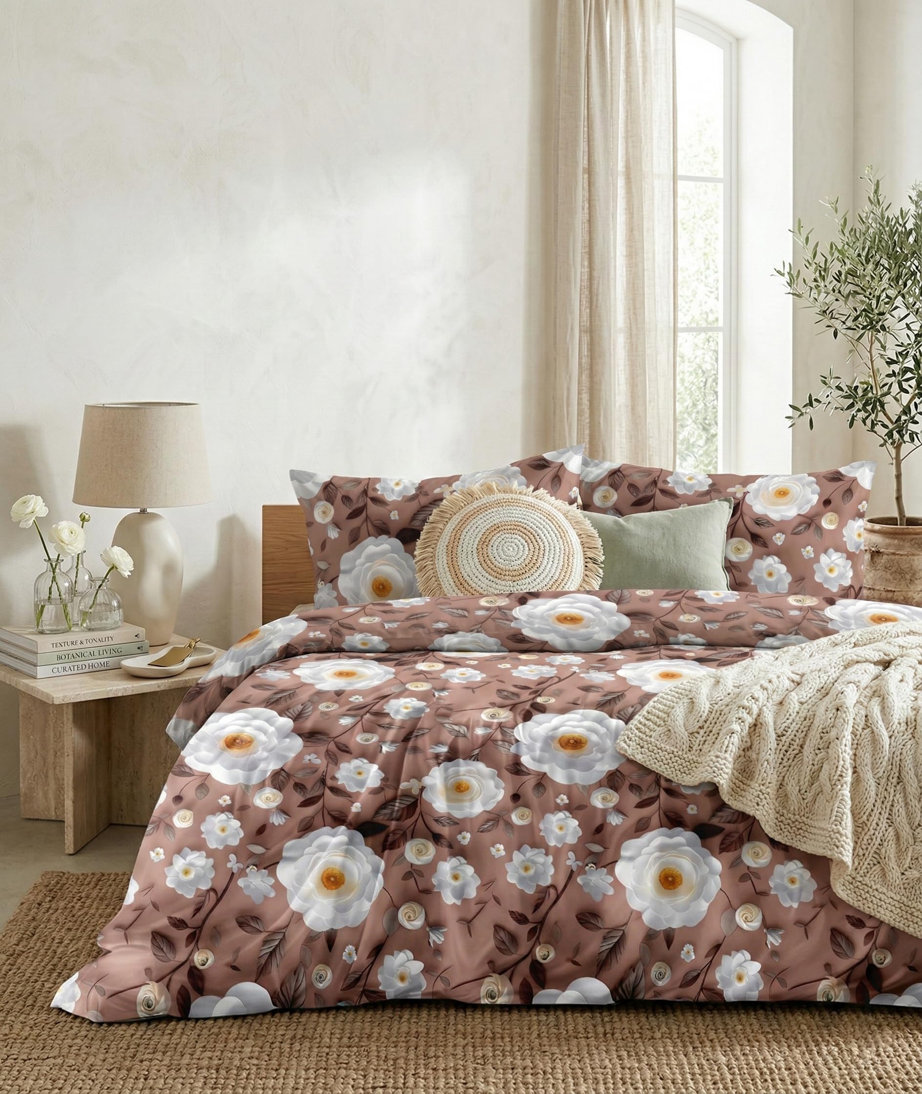 LOOMLYFE 300 TC 7D Cotton Feel Glace Cotton Elastic Fitted Printed King Size Double Bed Bedsheet with 2 Pillow Covers Fits Upto 8 inches Mattress, Size- 72X78 Inches - BrownWhiteFlower