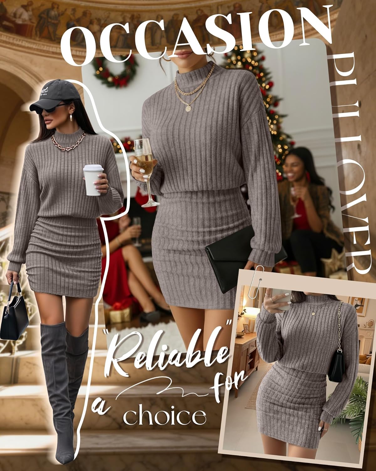 Women's Pullover Sweater Dress Long Lantern Sleeve Ribbed Knit Mock Neck Ruched Bodycon Casual Mini Dress 2025 - Image 4