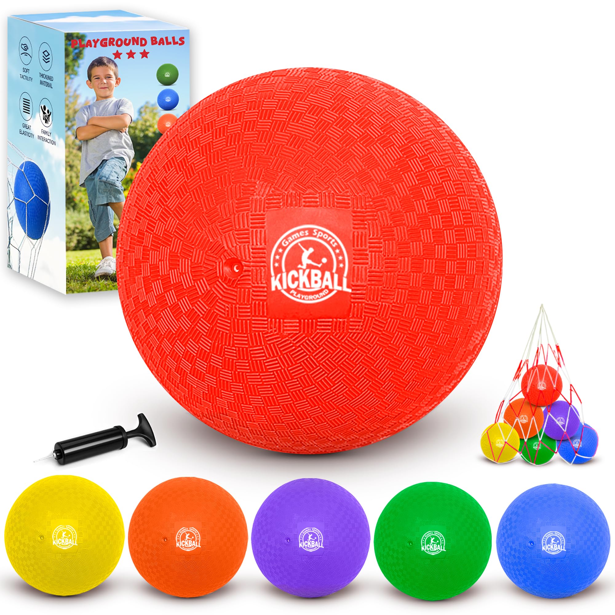 Juego de kickball de 8.5 pulgadas, paquete de 6 bolas de Dodgeballs, paquete de 12, pelotas de juegos para niños y adultos, pelotas rebotantes incluye bomba y bolsa de almacenamiento, balón para