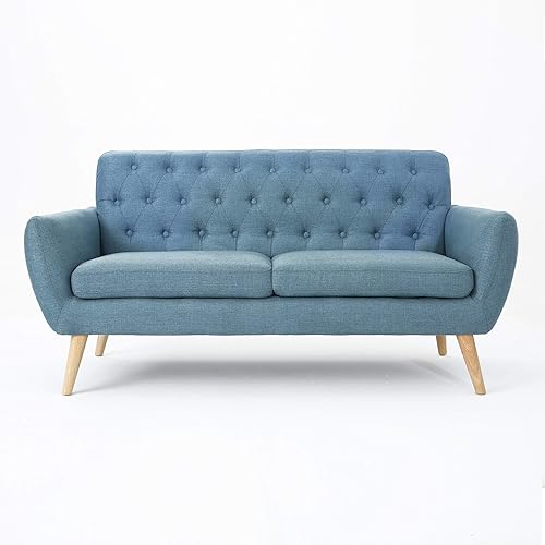 Christopher Knight Home Bernice Mid-Century Modern Tufted Fabric Sofa, Blue / Natural