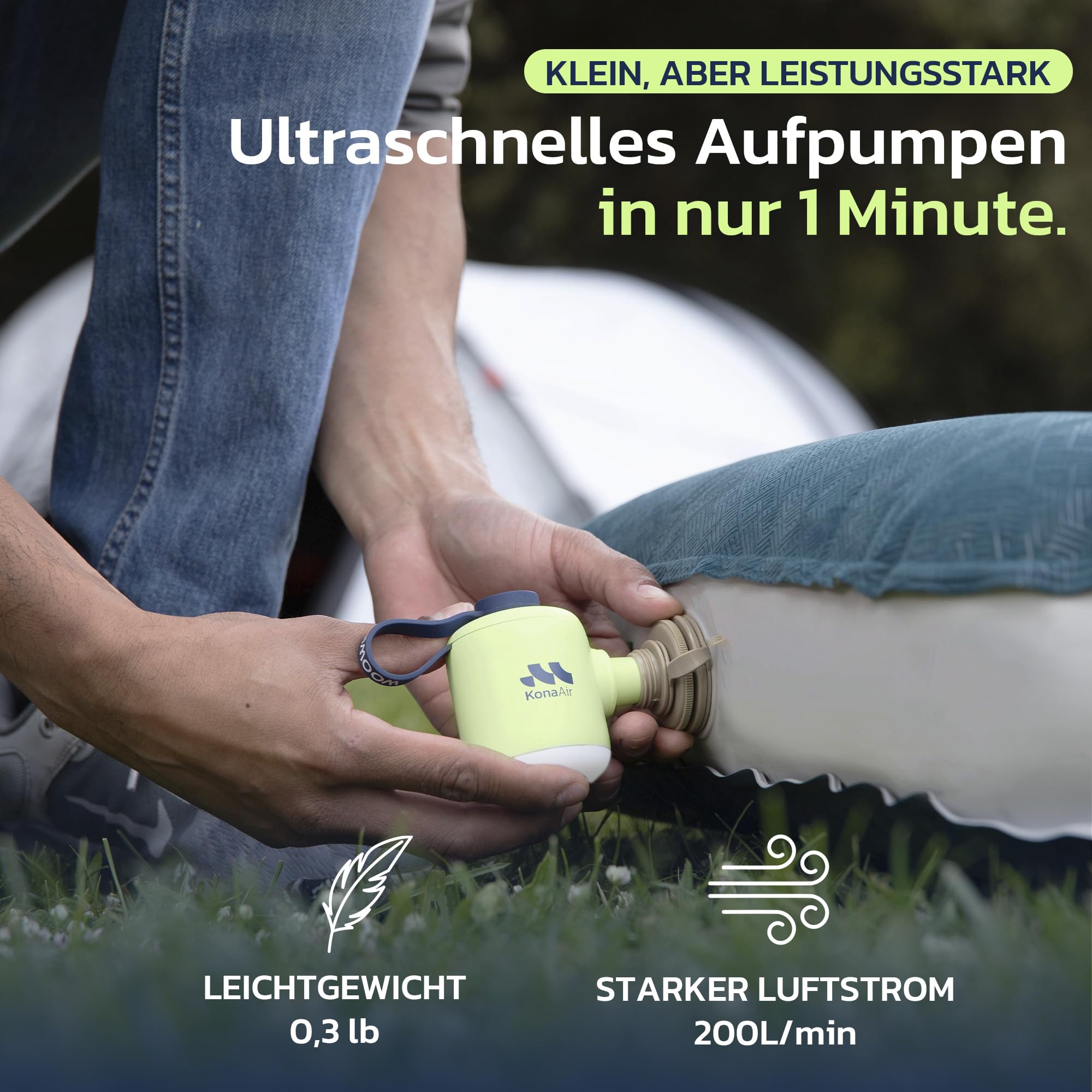 Woowind Kona Air Elektrische Luftbettpumpe, Kabellose Luftmatratzenpumpe für Schwimmreifen, Schwimmringe, Luftbetten, Luftsofas, Winzige Tragbare Ultra-Mini-Luftpumpe, Wiederaufladbarer Akku