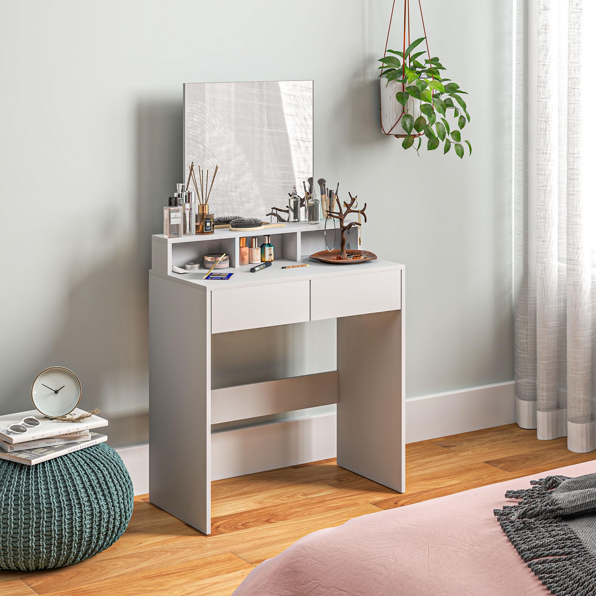 HOMCOM Tocador de Maquillaje con Espejo, 2 Cajones, 3 Compartimentos, 75x38x135 cm, Blanco