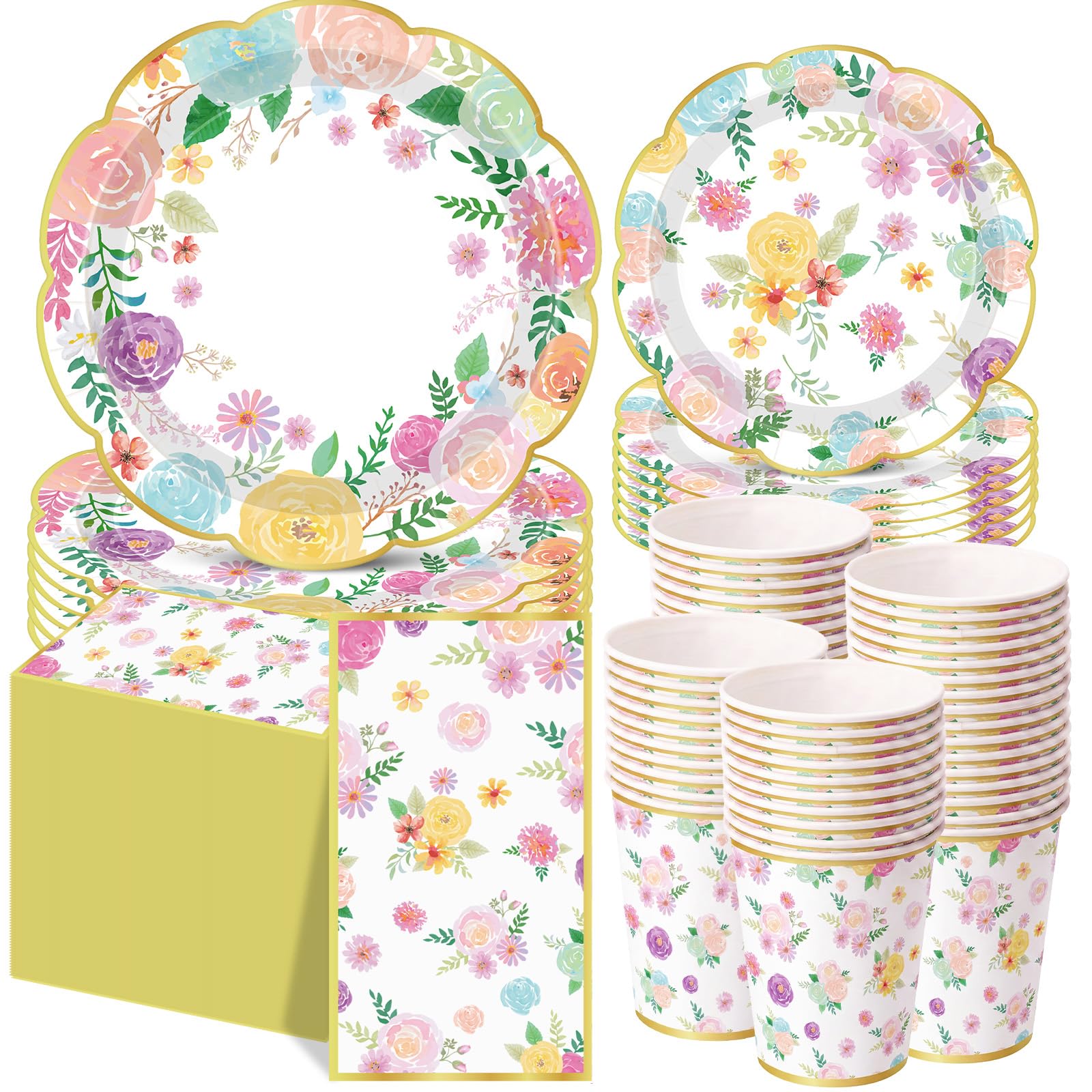 Pickmesh 250 Pcs Garden Blooms Wildflower Disposable Tableware Set Watercolor Floral Paper Plates Napkins and Cups for Wedding Birthday Party Supplies Bridal Baby Shower Engagement, Serve 50 Guest