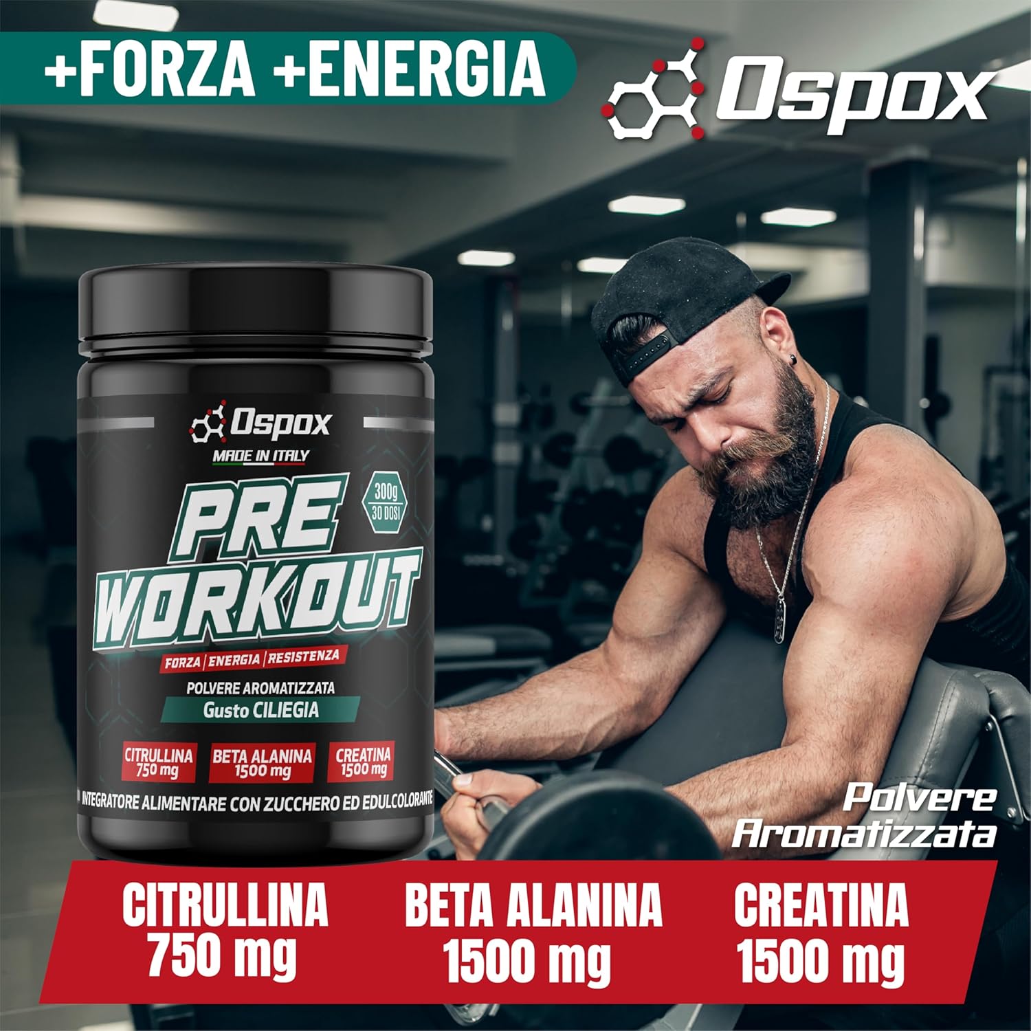 OSPOX Pre Workout Potente in Polvere 300g - Preworkout Forte Originale con Creatina, Beta Alanina, Caffeina e Citrullina per Palestra - Immagine 3