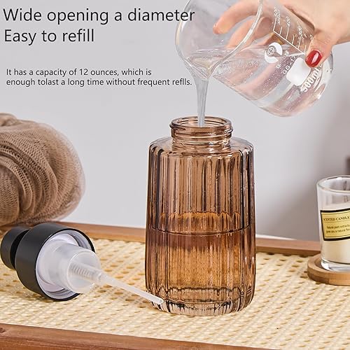 Miniatura 4 de Ekirlin Dispensador de jabón de vidrio ámbar de 12 onzas con bomba de acero inoxidable a prueba de óxido, dispensador de jabón de cocina recargable