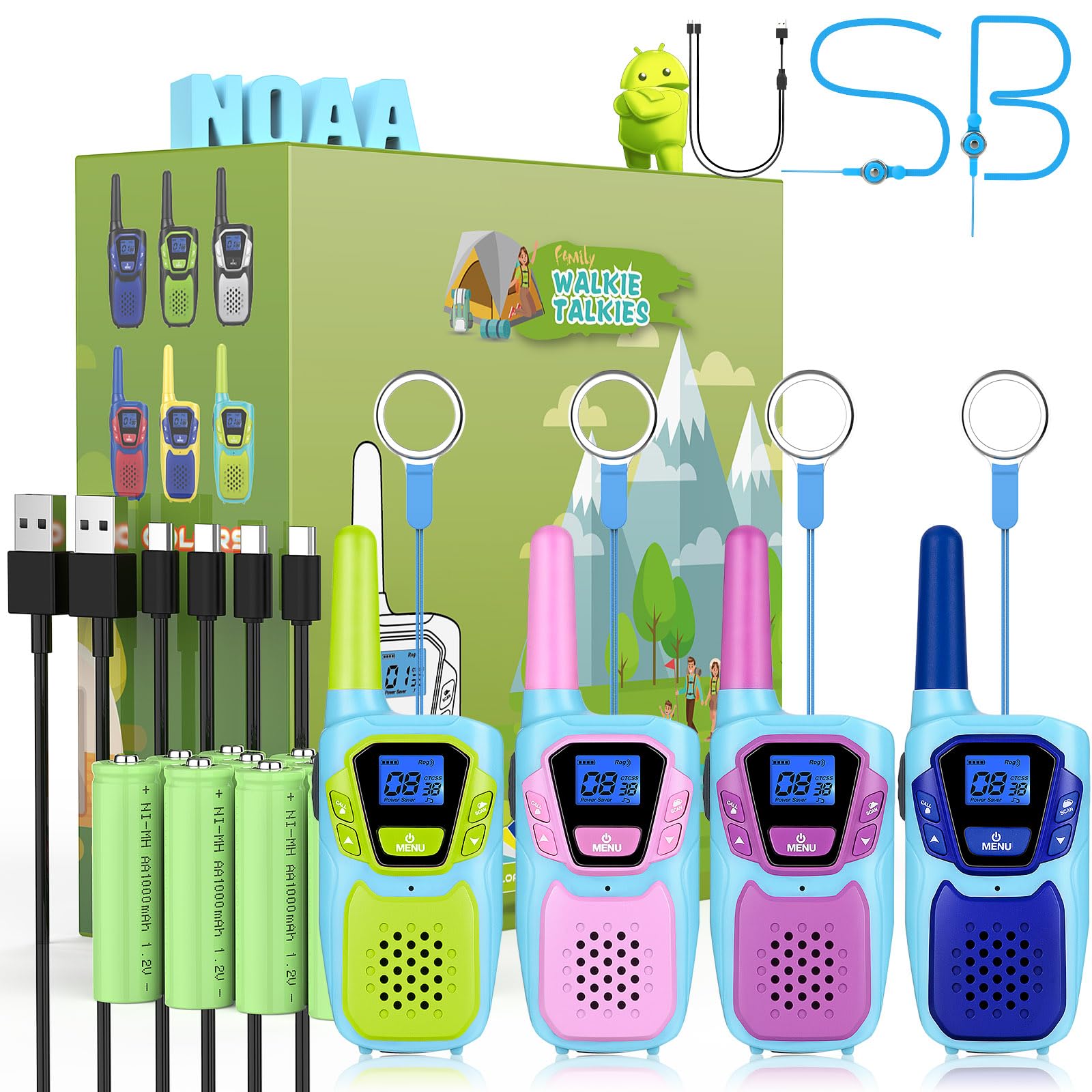 Topsung Walkie Talkies for Kids Long Range Walkie-Talkie for Adults Rechargeable 4 Pack with Lanyard NOAA USB, Family Pink 2 Way Radio Toys for 3-12