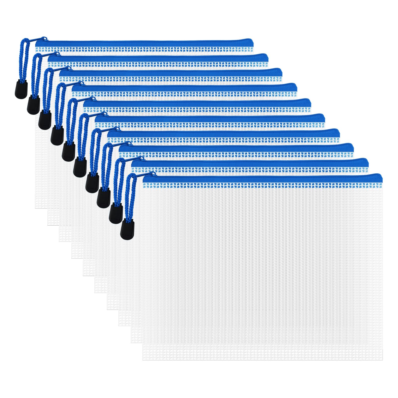 AUSTARK 10 Pcs Zipper File Bags, Waterproof Plastic Mesh Pouch for Office School, Board Game Storage Bags (A5 Size 9.2''x6.7'', White and Blue)