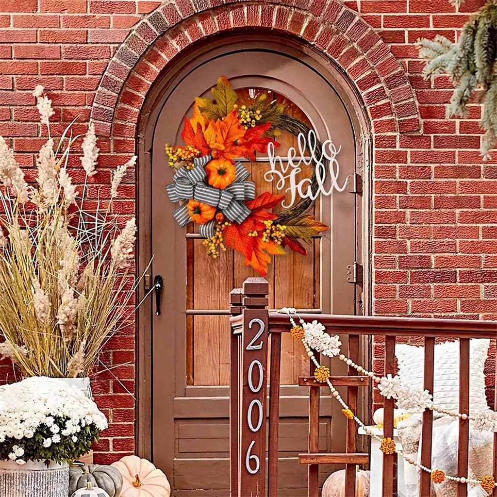 15/20 inch Fall Door Wreath Autumn Maple Leaf Pinecone Harvest Garland for Home Decor Front(E)