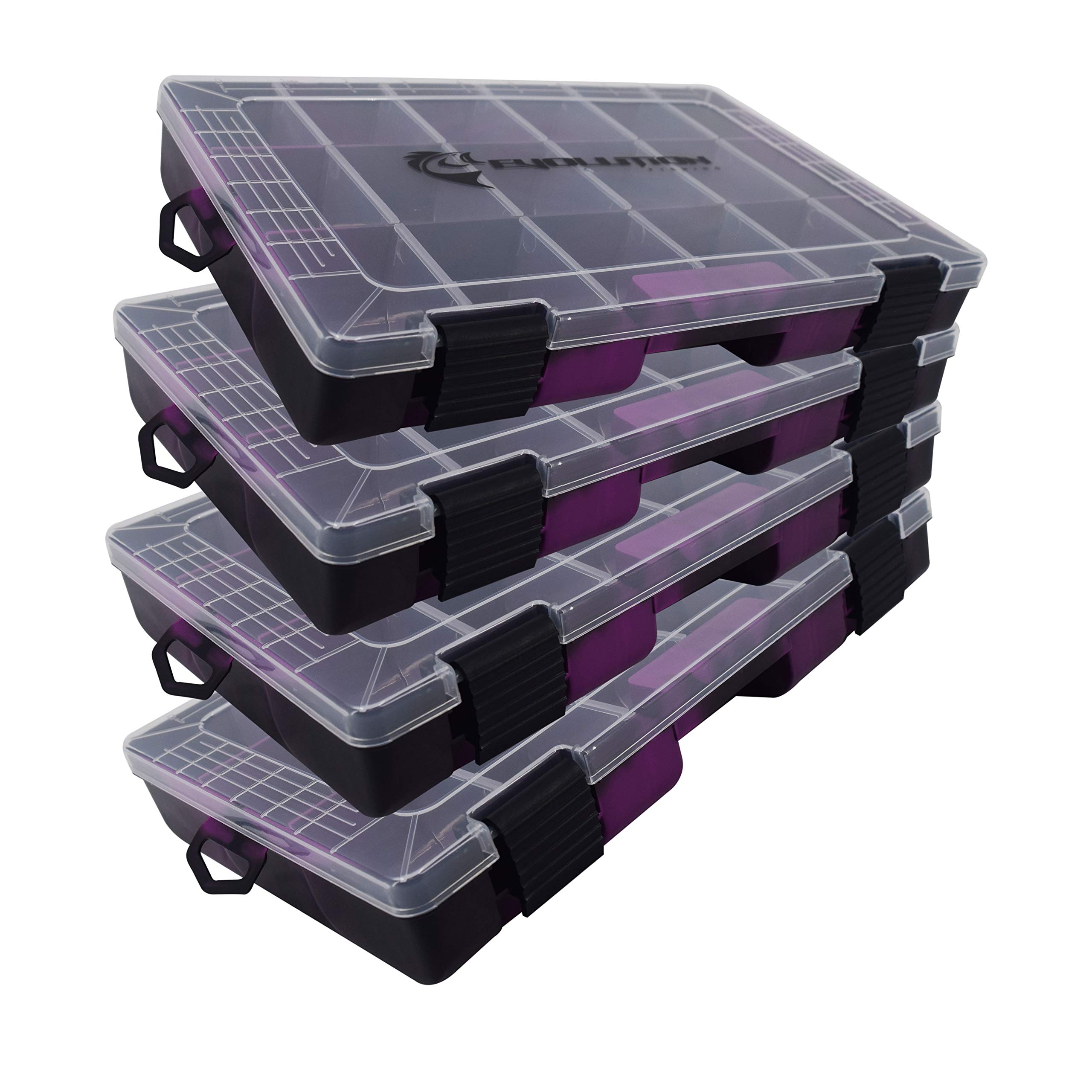 Evolution Outdoor 3600 Drift Series Fishing Tackle Tray Multi Pack of 4 – Purple, Colored Tackle Box Organizer with Removable Compartments, 2 Latch Closure, Utility Box Storage