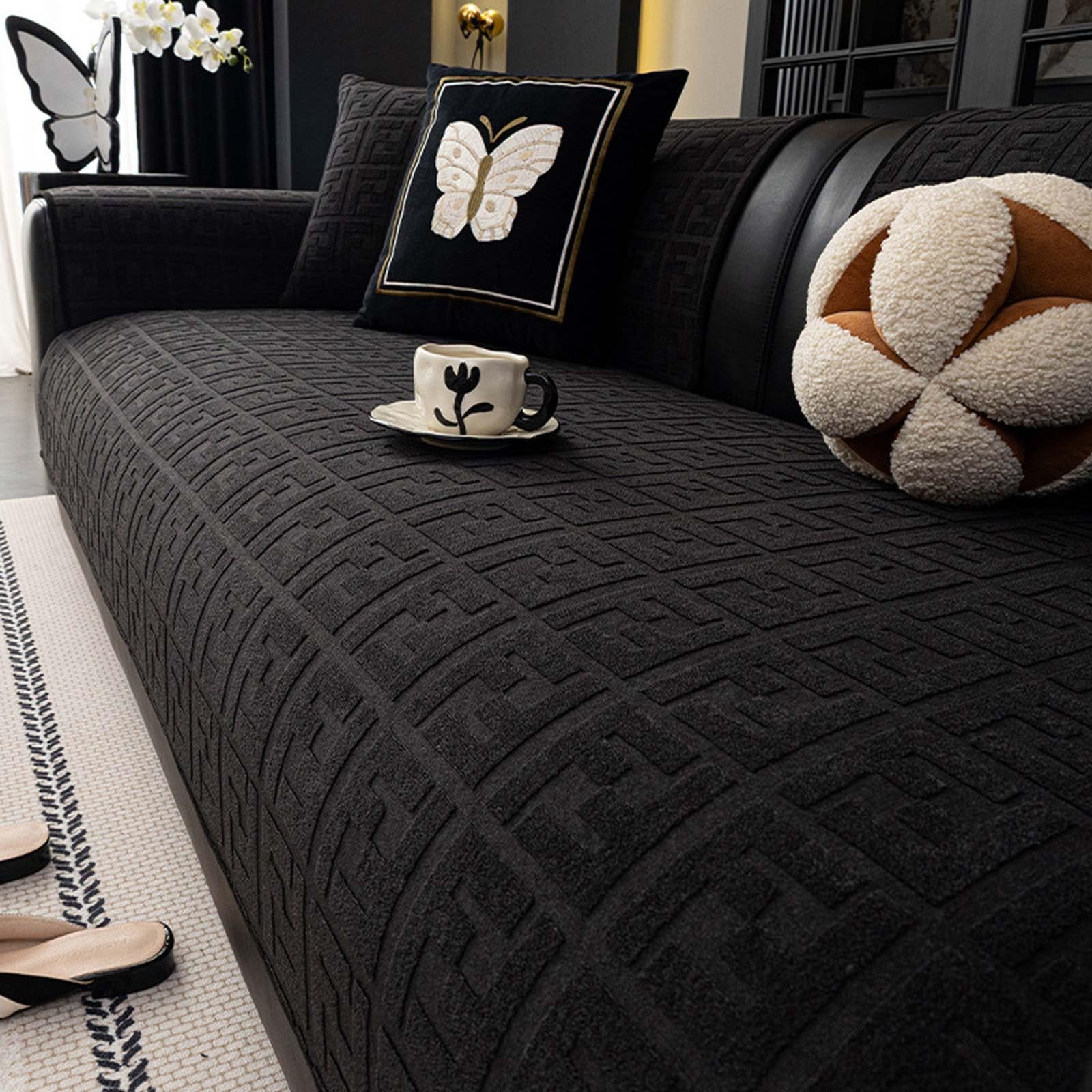Housse de Canapé Lavable pour Chiens, Couvre Canapé en Peluche Douce Antidérapante, Protection Canapé Compatible 2/3/4 Coussins,Protection Canapé Chat Chien,Noir,70 * 240cm