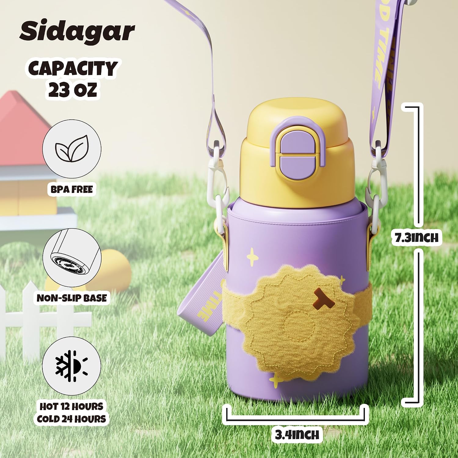 SDGA+ Kids Insulated Water Bottle with Shoulder Strap - 22 oz Kawaii Stainless Steel Tumbler with 3D Fuzzy Charm, Leak-Proof Flip Top & Vacuum Flask for School, Travel, BPA Free, Yellow image 2