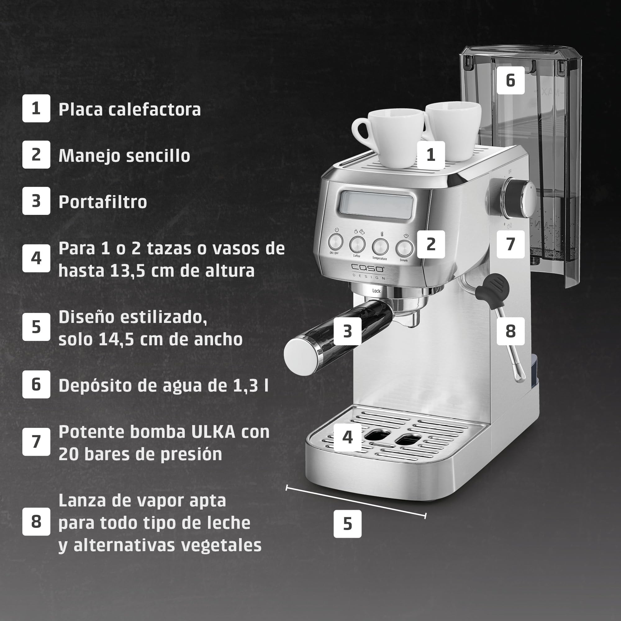 Caso Espresso Gourmet Crema - Cafetera Espresso con 1350W, bomba ULKA de 20 bares, Tiempo de calentamiento de 12 segundos, Brazo Doble Salida, Vaporizador, Superficie Calientatazas - Plata