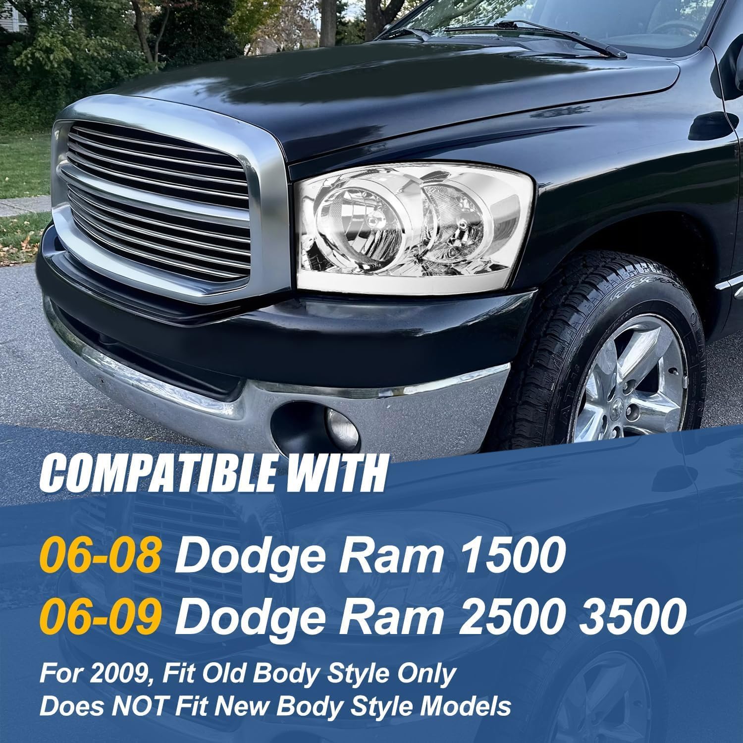 Auto Dynasty LED DRL Headlights Assembly Compatible with Dodge Ram 1500 2500 3500 2006-2009, Driver and Passenger Side, Chrome Housing Clear Corner