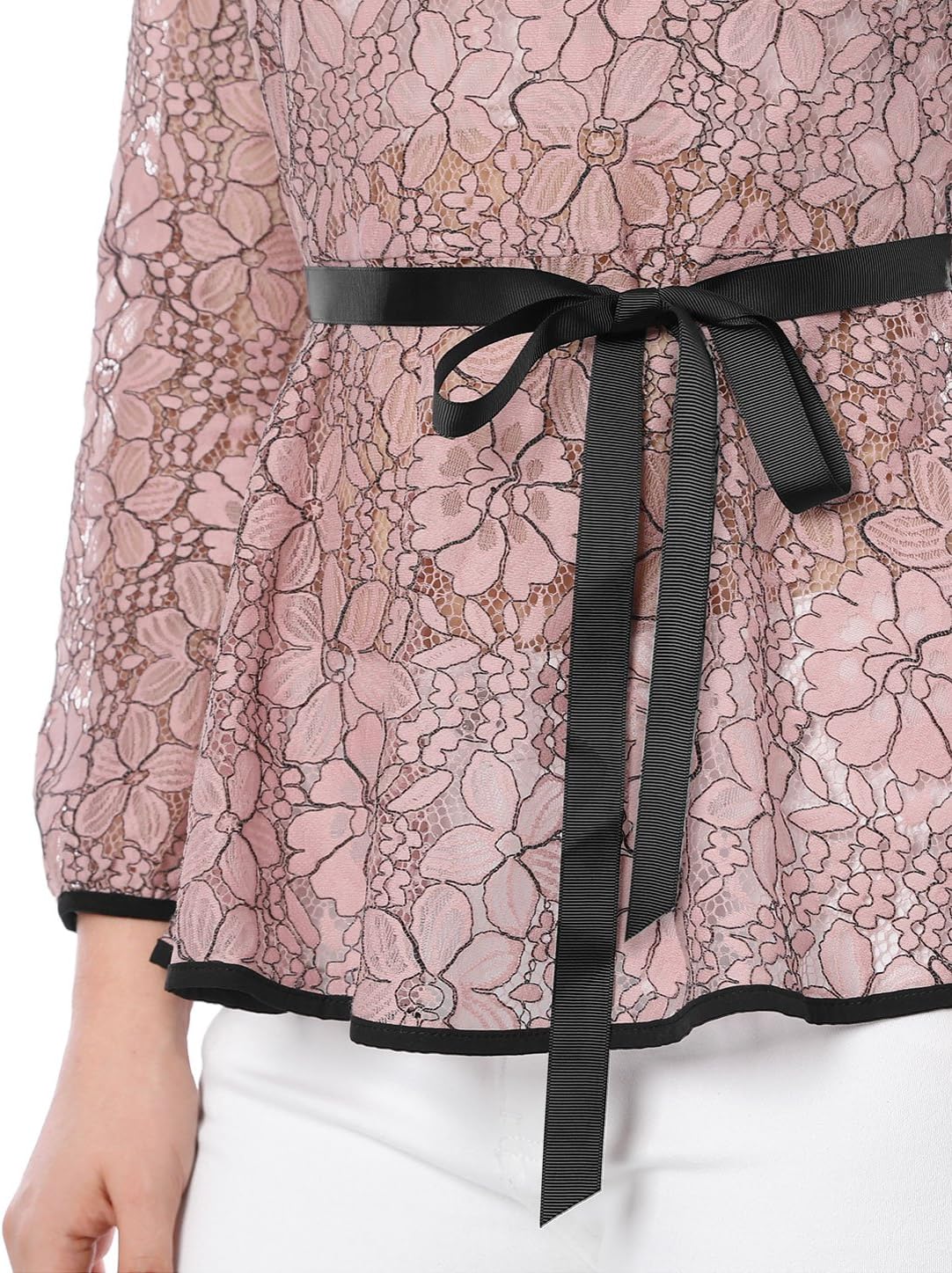 Allegra K Women's Elegant Tie Waist Long Sleeve Top Lace Peplum Blouses - Image 6