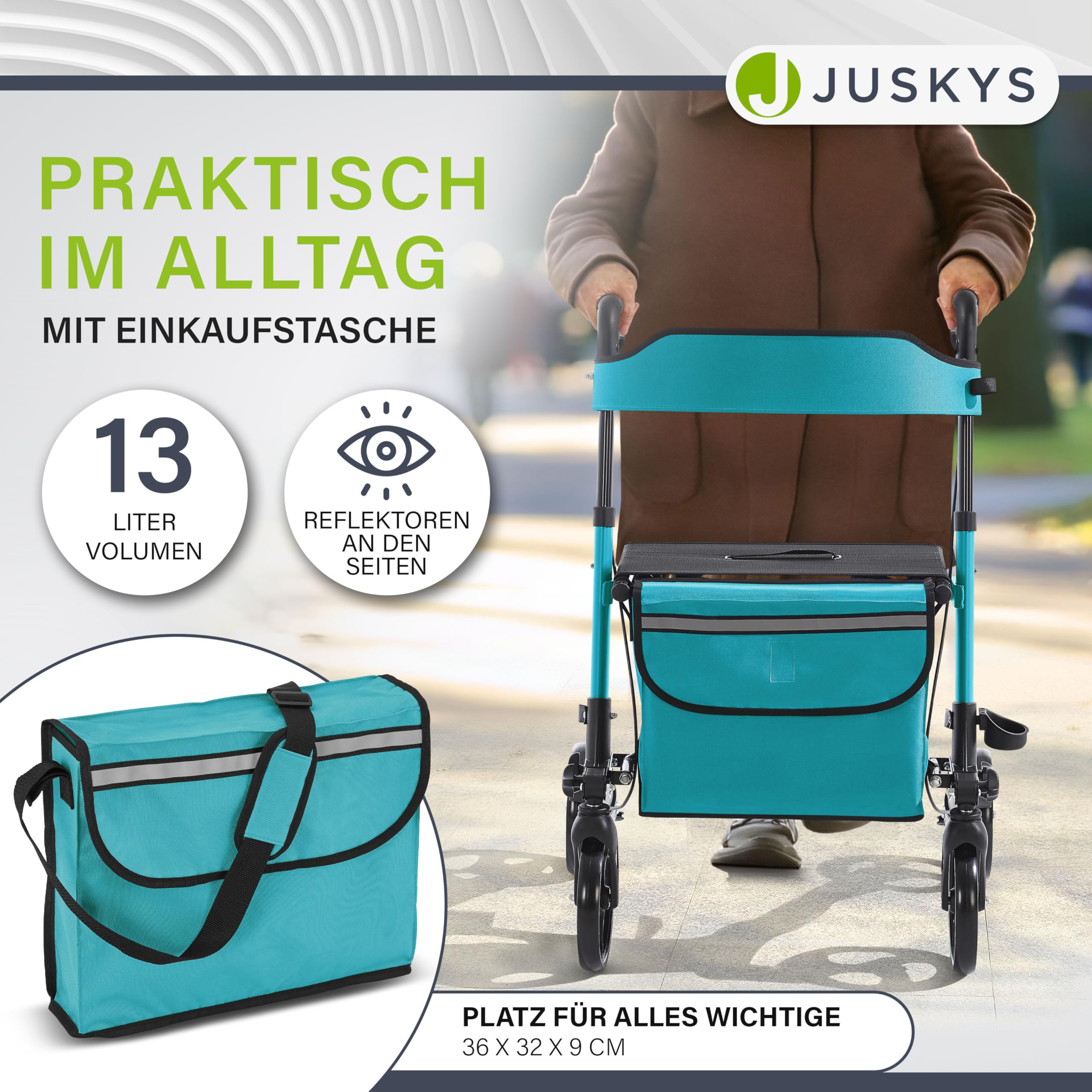 Juskys Rollator Vital petrol - Gehhilfe faltbar & leicht aus Aluminium bis 130 kg - Laufhilfe höhenverstellbar mit Sitz, Tasche & Regenschirmhalterung