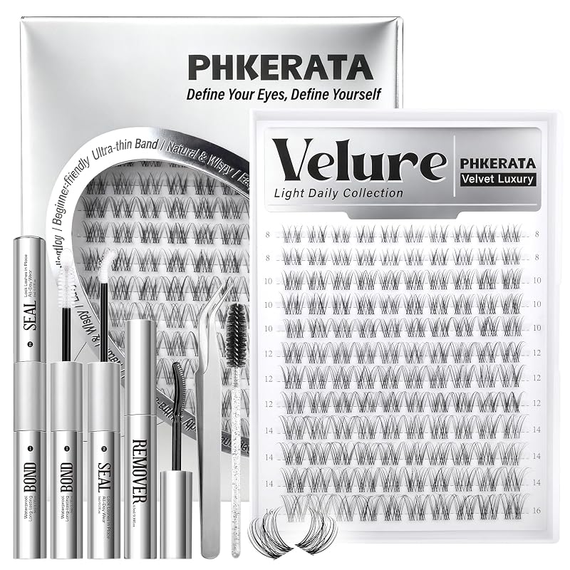 Kit de cílios em tufos Velure PHKERATA, efeito wispy, comprimentos mistos de 8 a 16 mm, pacote com 120 unidades