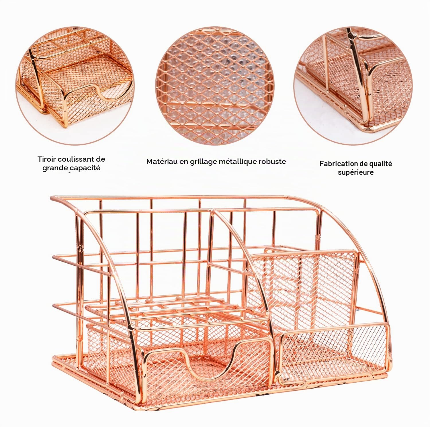 KAAKOW - Organisateurs et accessoires de bureau rose doré - Ensemble agrafeuse, porte-stylo, support de téléphone, ciseaux, stylo, règle, 30 trombones, 22 pinces, 20 punaises et 1 000 agrafes