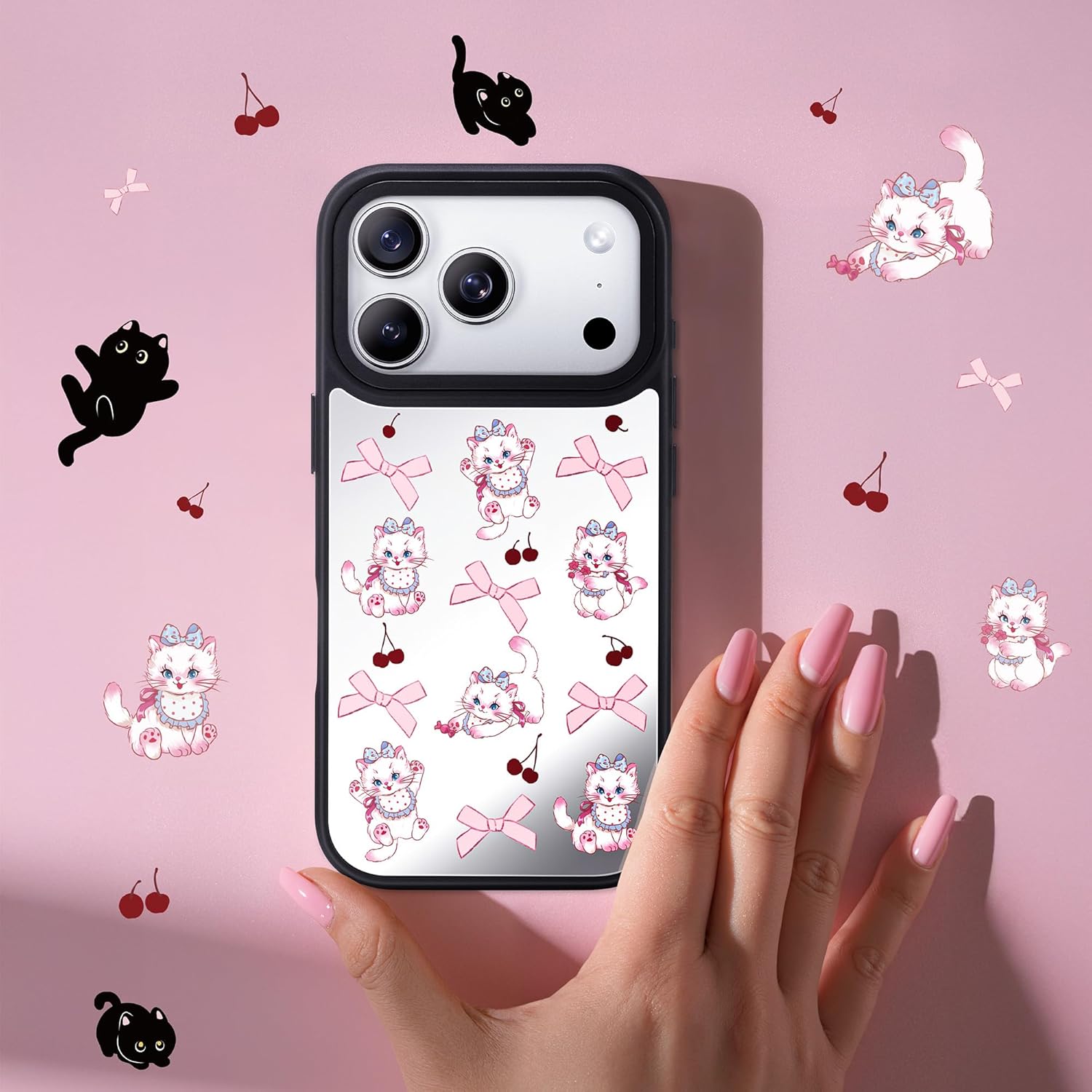 NIMASO for iPhone 17 Pro Max Case, Mirror with White Cat Pattern, Compatible with MagSafe, Glossy Hard Back, iPhone 17 Pro Max Case Girl