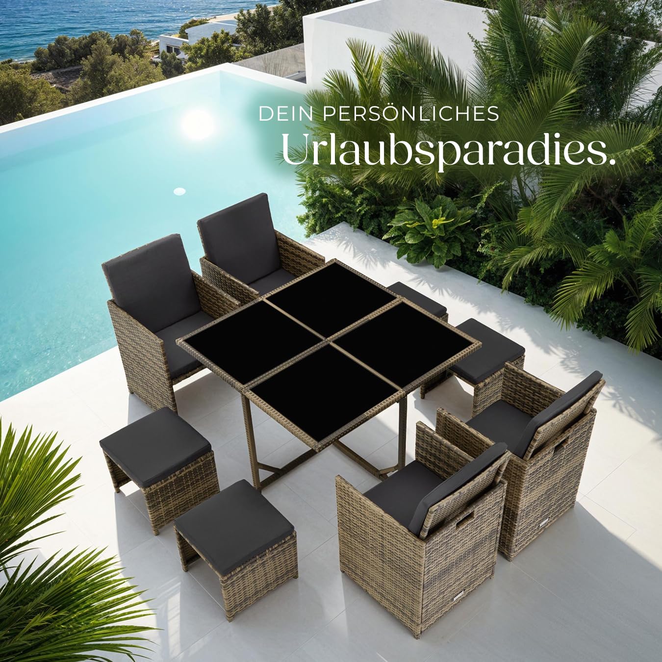 tectake Lounge Möbel Set aus 4X Stühle, 1x Tisch, 4X Hocker, wetterfest und platzsparende Cube Aufbewahrung inkl. Schutzhülle, Outdoor Rattan Gartenmöbel für Balkon, Garten und Terrasse - Natur