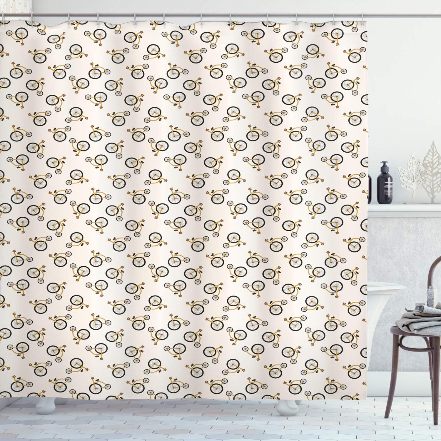 Lunarable Bicycle Shower Curtain, Cartoon Style Penny Farthing Bikes Pattern, Cloth Fabric Bathroom Decor Set with Hooks, 69" W x 70" L, Champagne Charcoal Grey Earth Yellow and Caramel