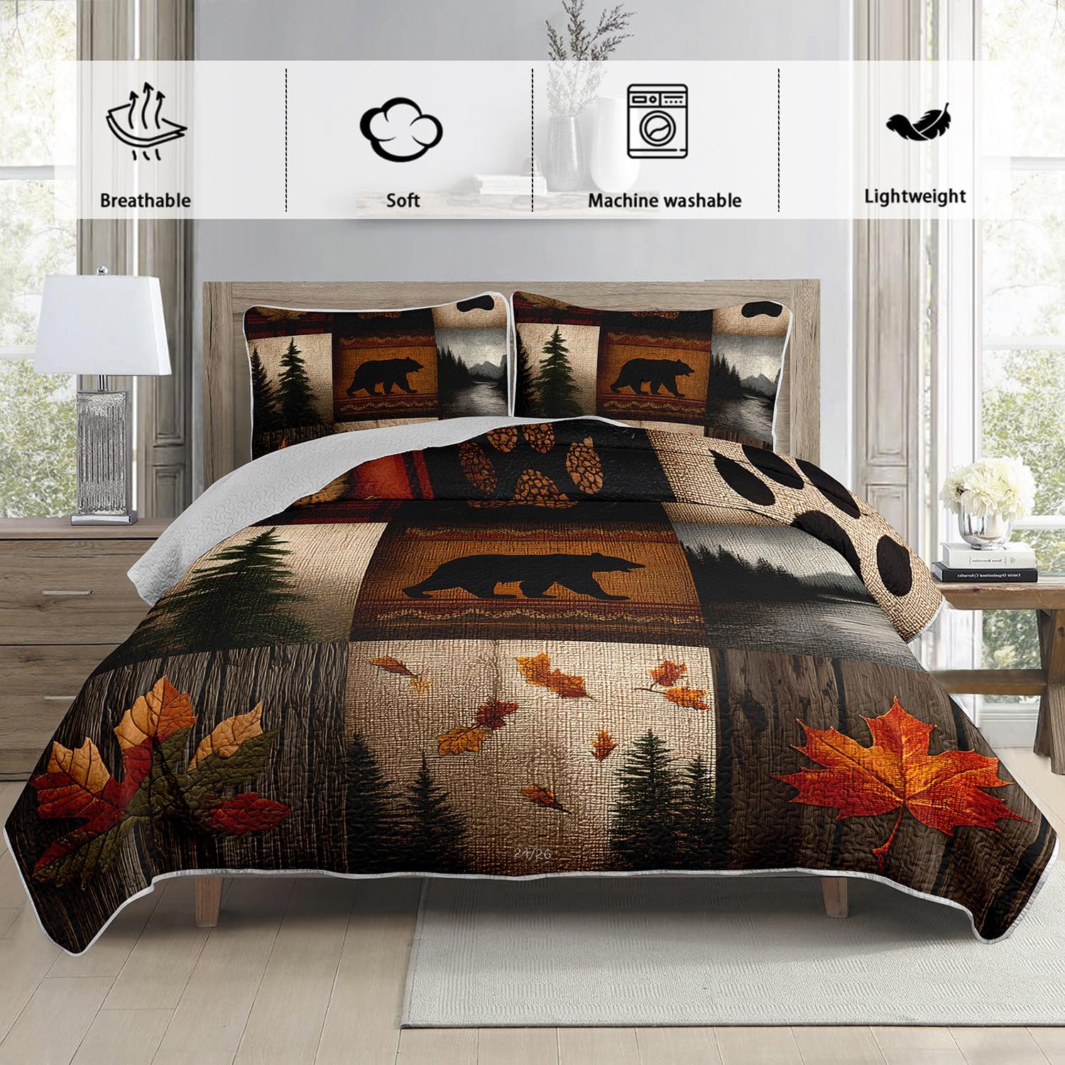 Hunting Themed Quilt King Size,Lightweight Cabin Plaid Bedding Set with 2 Pillowcases,Forest Tree Brown Bear Paw Printed Bed Sets for Adults Room Decor. - Image 3