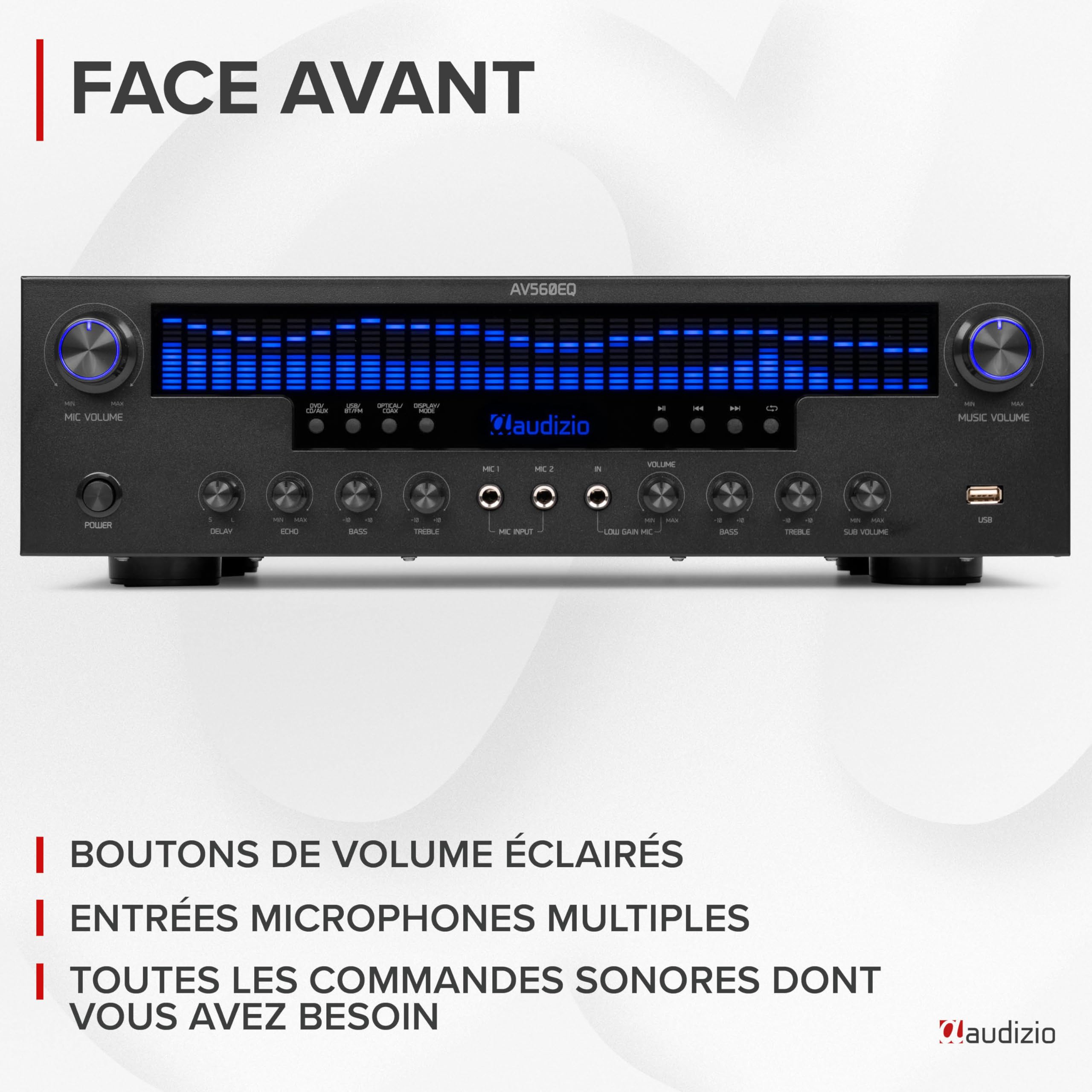 Audizio AV560EQ - Amplificateur Home Cinema 5.1 390 W avec Bluetooth, USB, FM, Karaoké & Entrées Numériques