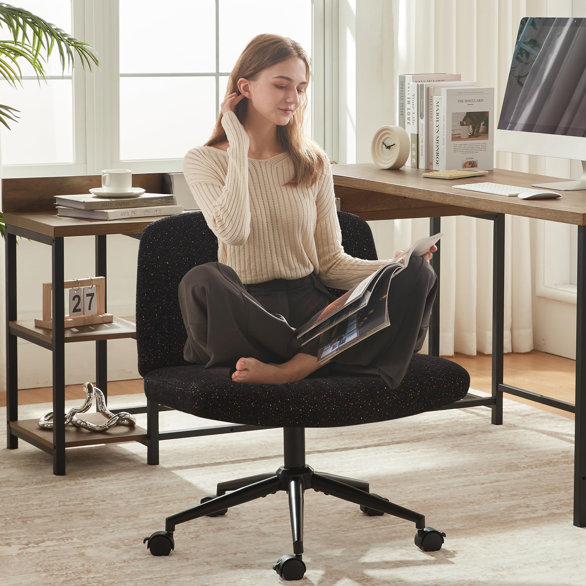 Dowinx Criss Cross Chair with Locking Wheels, Preminum Fabric and Pocket Spring Cushion, Adjustable Swivel Wide Seat Computer Chair, Morden Design Vanity Chair Black