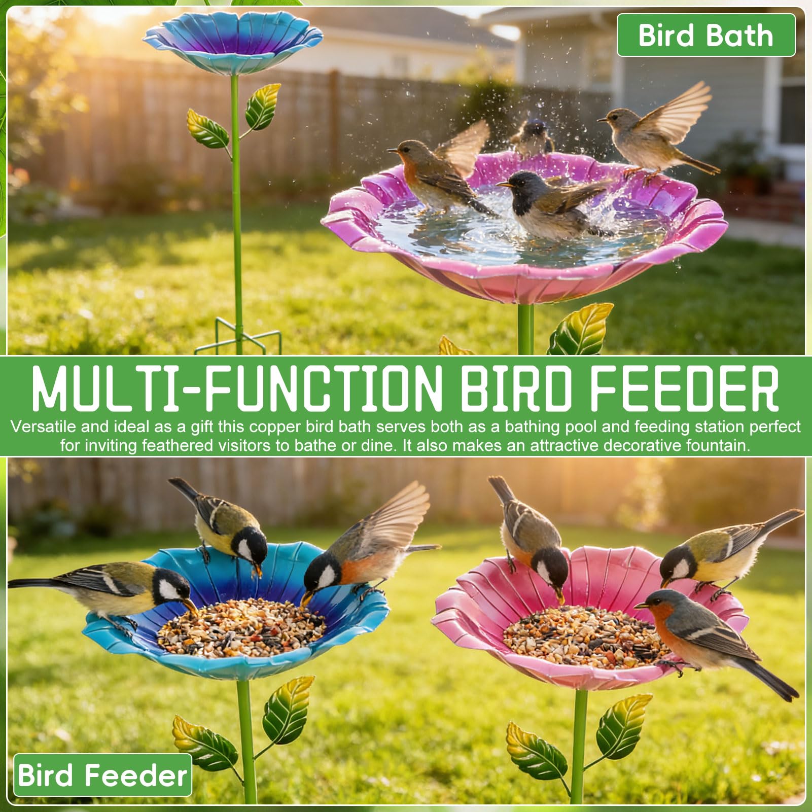 2stk Vogeltränke Stehend, 80cm Metall Blumen Vogeltränke Gartenstecker Mit 5 Bodennägeln, Voge-ltränke Winterfest Frostsicher Rostfreien, Futterstation Vögel Insektentränke Für Garten,Hinterhof(A)