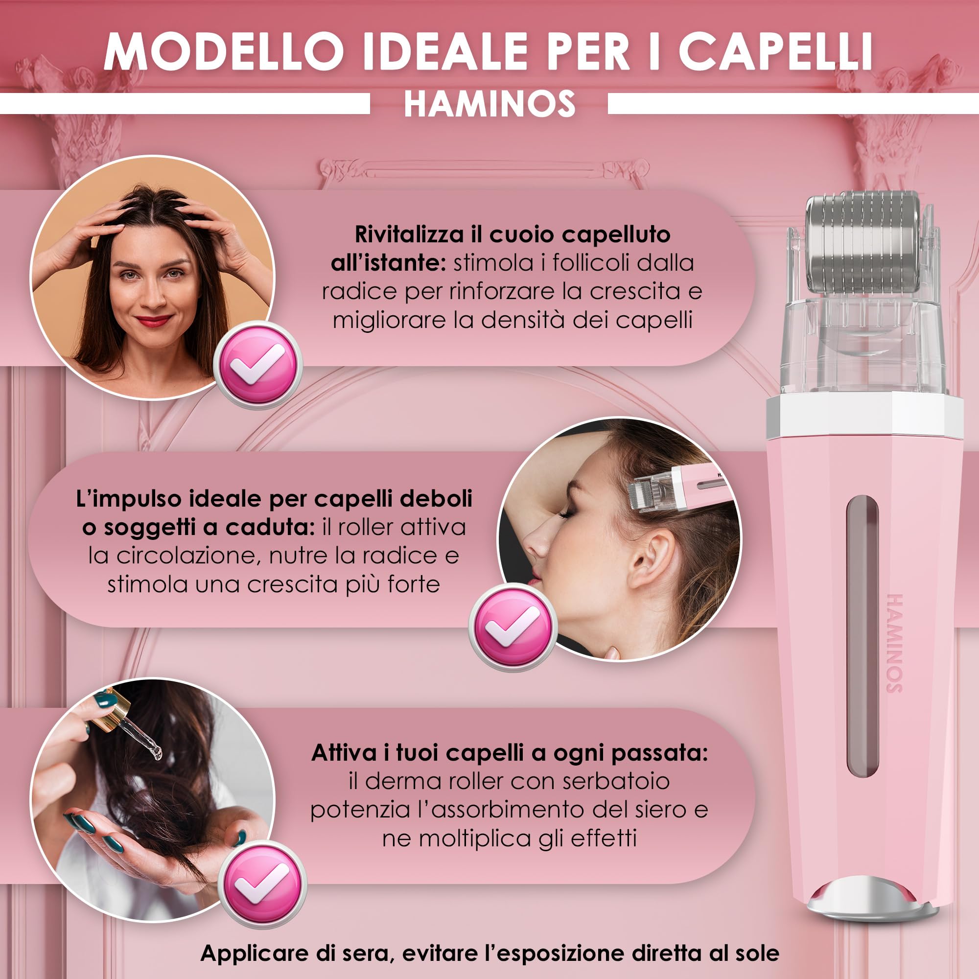 HAMINOS Derma roller 1 mm 3.0 con Serbatoio per Pelle, Capelli, Rughe, Smagliature, Iperpigmentazione APPLICAZIONE DEL SIERO ISTANTANEO, 520 aghi in titanio