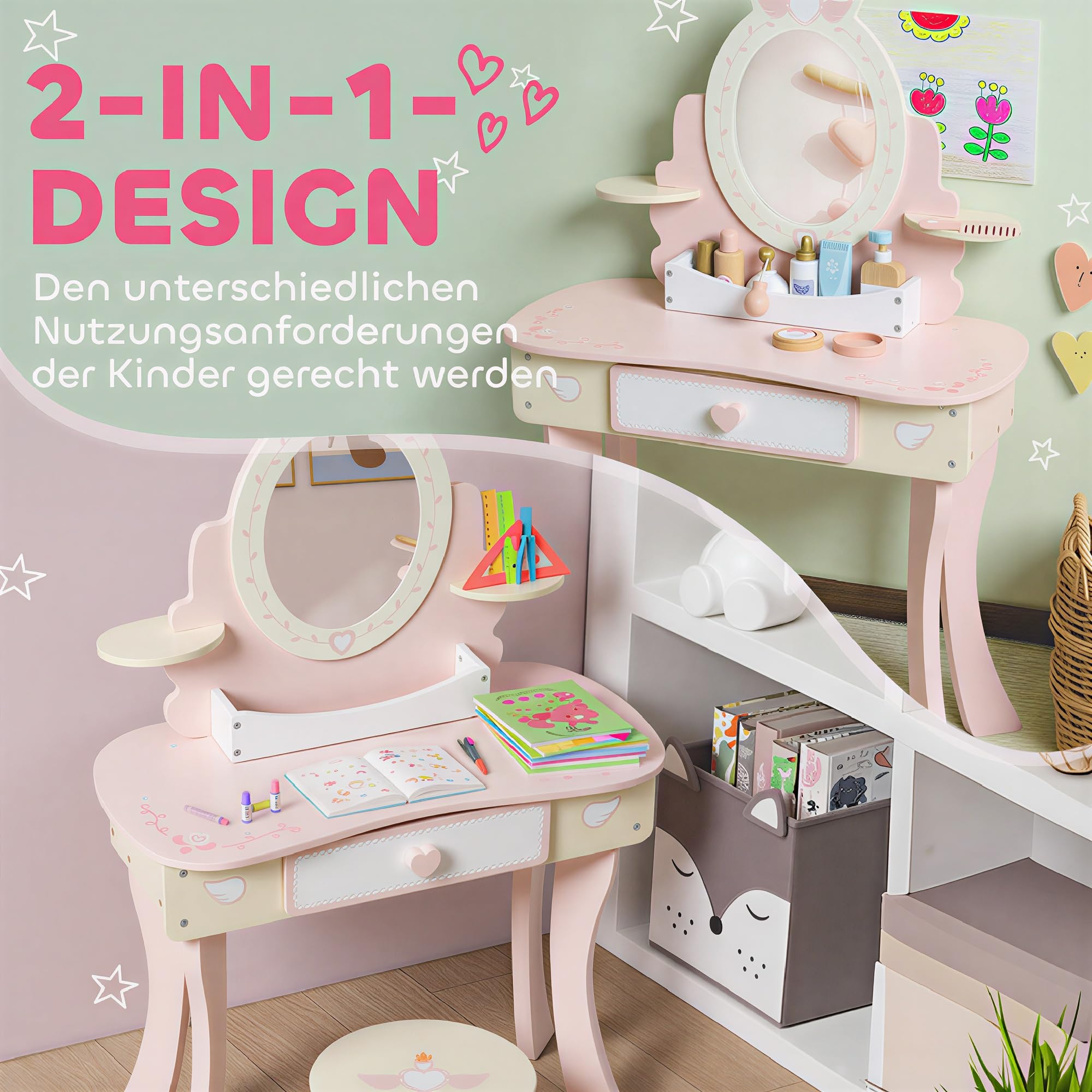 AIYAPLAY Schminktisch Kinder, 2-in-1 Kosmetiktisch mit abnehmbaren Spiegel, Schublade, Hocker, Regal, 7-teiligem Spielzubehör Schminktisch-Set für Kinder ab 3 Jahre, Rosa