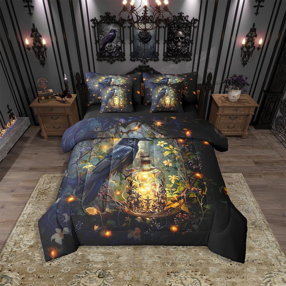 Erosebridal Black Crow Bed in A Bag 7 Piece Queen Size Gothic Halloween Comforter Set with Sheets for Boys Raven Bird Bedding Setrustic Flower Bed Set for Teens Adult Girls Bedroom