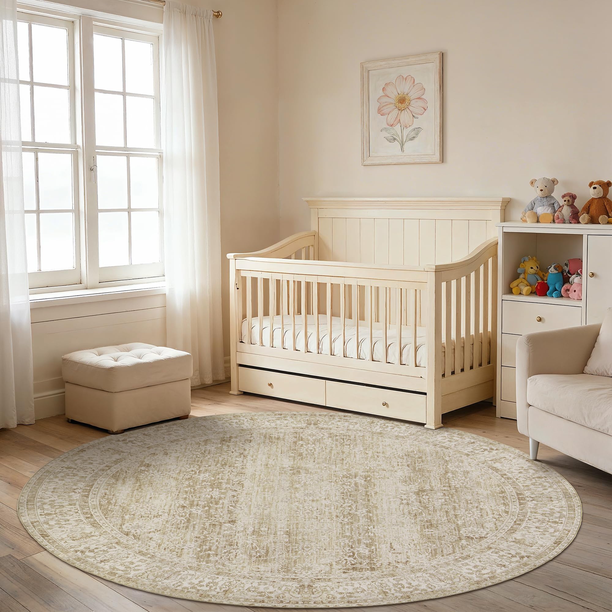 BILEEHOME Kitchen Living Room Bedroom Dining Room 6' Round Vintage Rug Indoor Floor Cover Floral Print Circle Rug 6' Round Cream&Light Tan