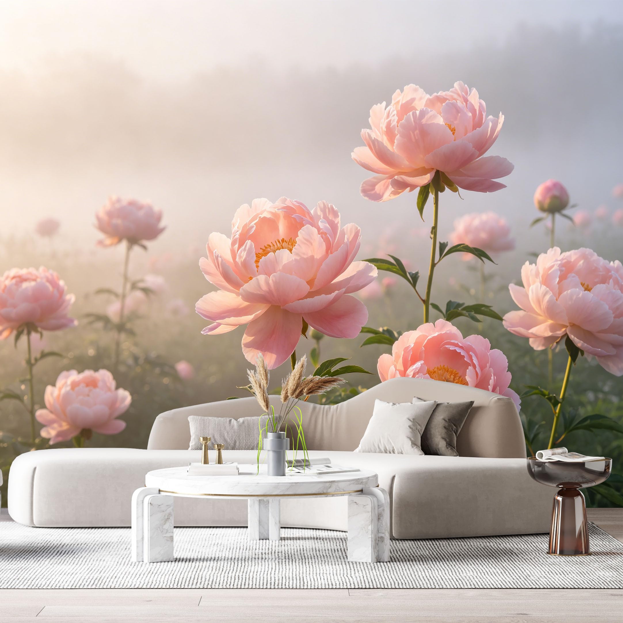 Custom Size Wall Murals Pink Peony Botanical Watercolor Floral Foggy Morning SelfAdhesive Wall Fabric Removable Large Wallpaper for Photo Living Room Interior Decor