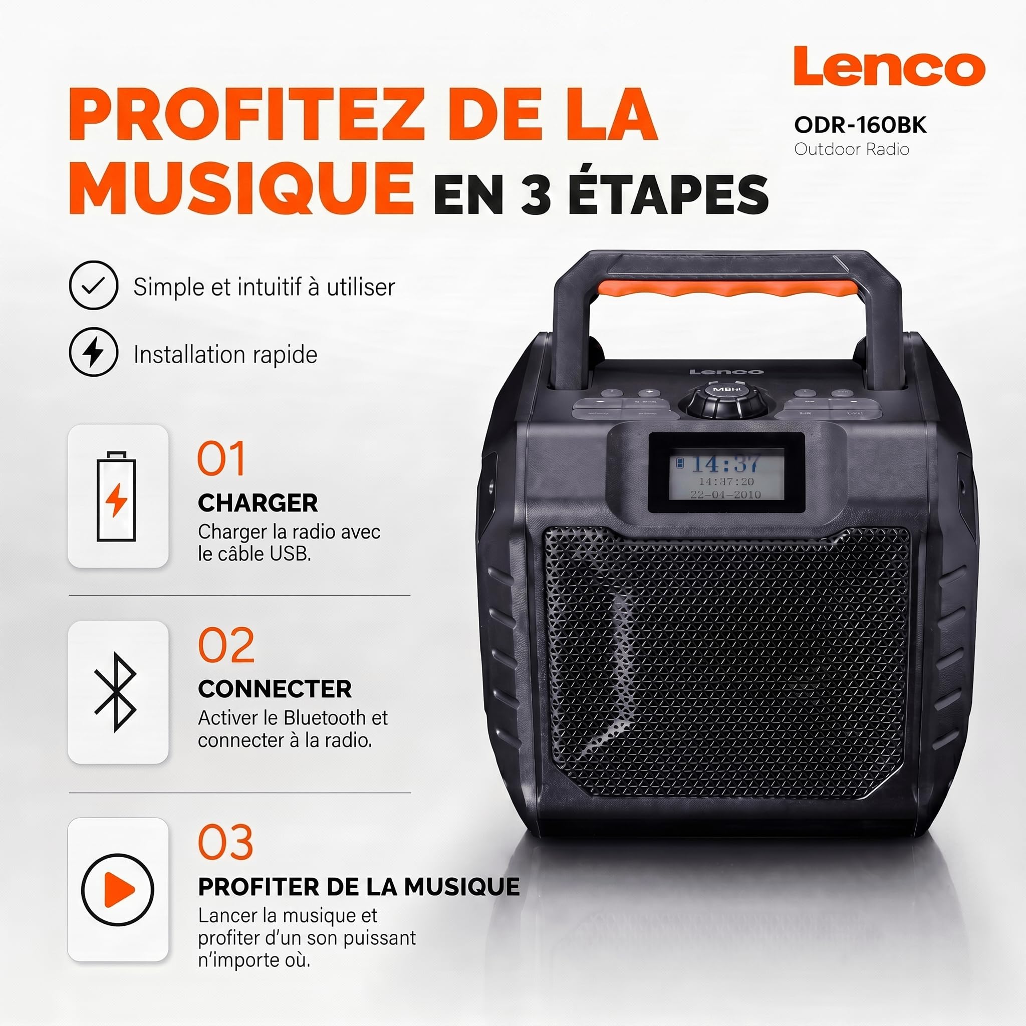 Lenco ODR-160BK Radio Dab+/FM, Haut-Parleur Bluetooth, Antichoc et étanche, Lecteur de Carte SD, AUX-in, 35 W RMS, autonomie de la Batterie 20 Heures, Fonction de Charge USB