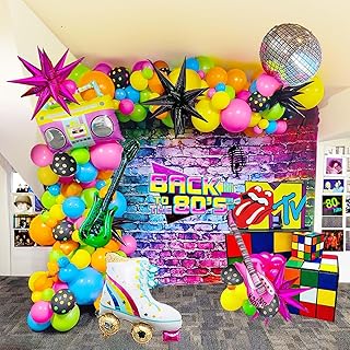 90S 80S Theme Balloon Garland Party Decorations Neon colorful Hot Pink Teal yellow Balloons with Radio Guitar Music Disco starburst Balloon for Back to 90's 80's Hip Pop Party Decor