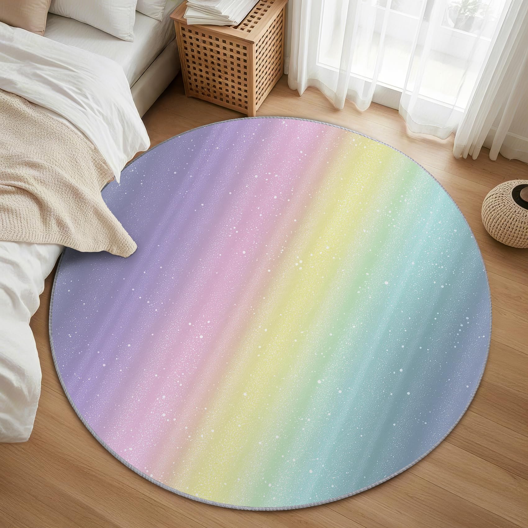 Regenbogen Mädchen Teppich Rund 100cm Kurzflor - Waschbare Teppiche Wohnzimmer Streifen Bunt Kinder Pastell - Runder Teppich 100cm Durchmesser - Bettvorleger Schlafzimmer rutschfest Weich