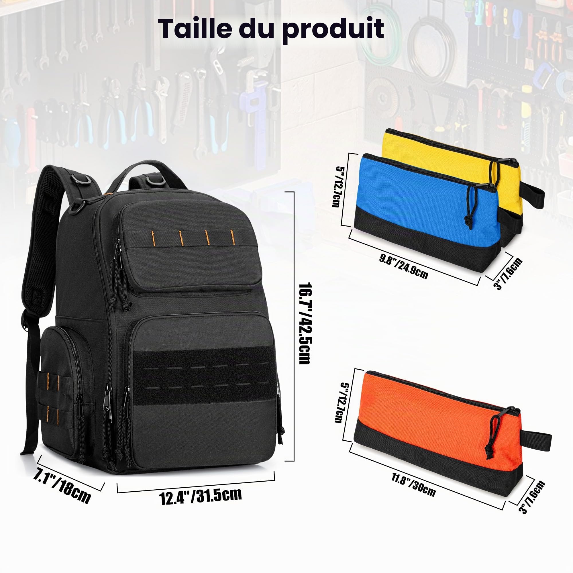 Rexmica Sac à Dos Outils pour Hommes avec 3 Pochette Zippée, Noir | Sac de Rangement d'Outils, Travail de Rangement d'Outils Tactique pour Réparateur, Électricien, Bricoleur