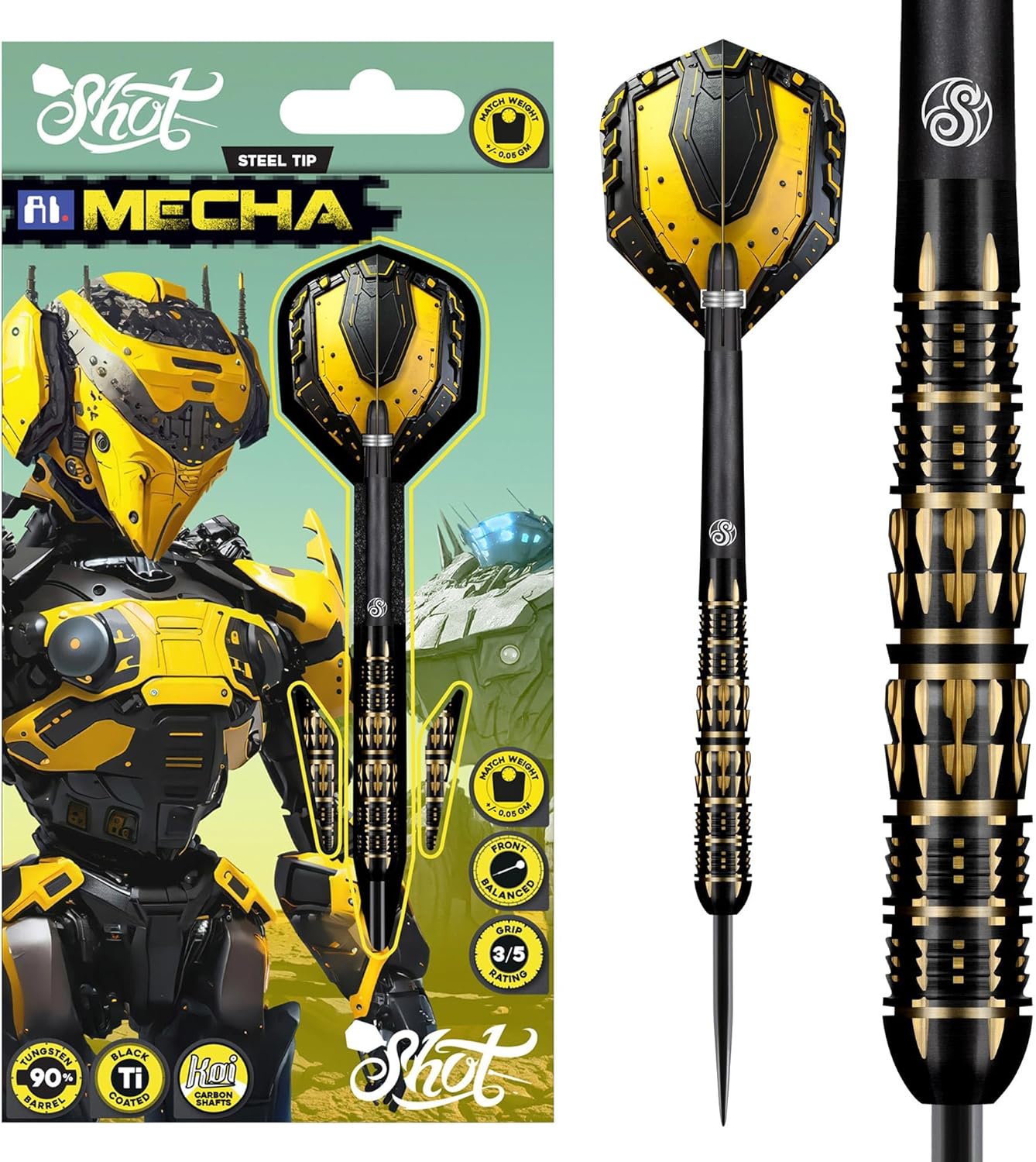 Shot! Darts AI Mecha 90% Tungsten Pro Throwing Darts Steel Tip Set, Professional – Made in New Zealand – Designed Dart Flights for Women & Men – Metal Tip Bar Darts for Adults