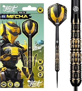 Shot! Darts AI Mecha 90% Tungsten Pro Throwing Darts Steel Tip Set, Professional Made in New Zealand Designed Dart Flights for Women & Men Metal Tip Bar Darts for Adults
