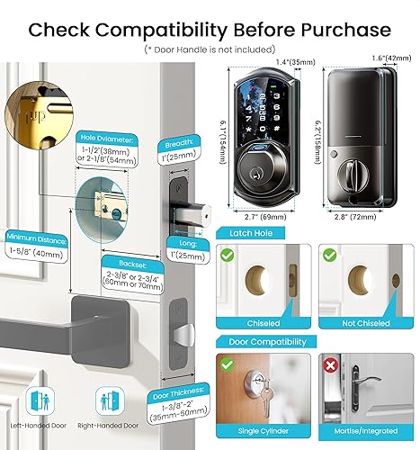 Miniatura 9 de Veise VE07 - Cerradura inteligente de huellas dactilares, cerrojo de entrada sin llave 7 en 1 con control de aplicación, teclado electrónico digital
