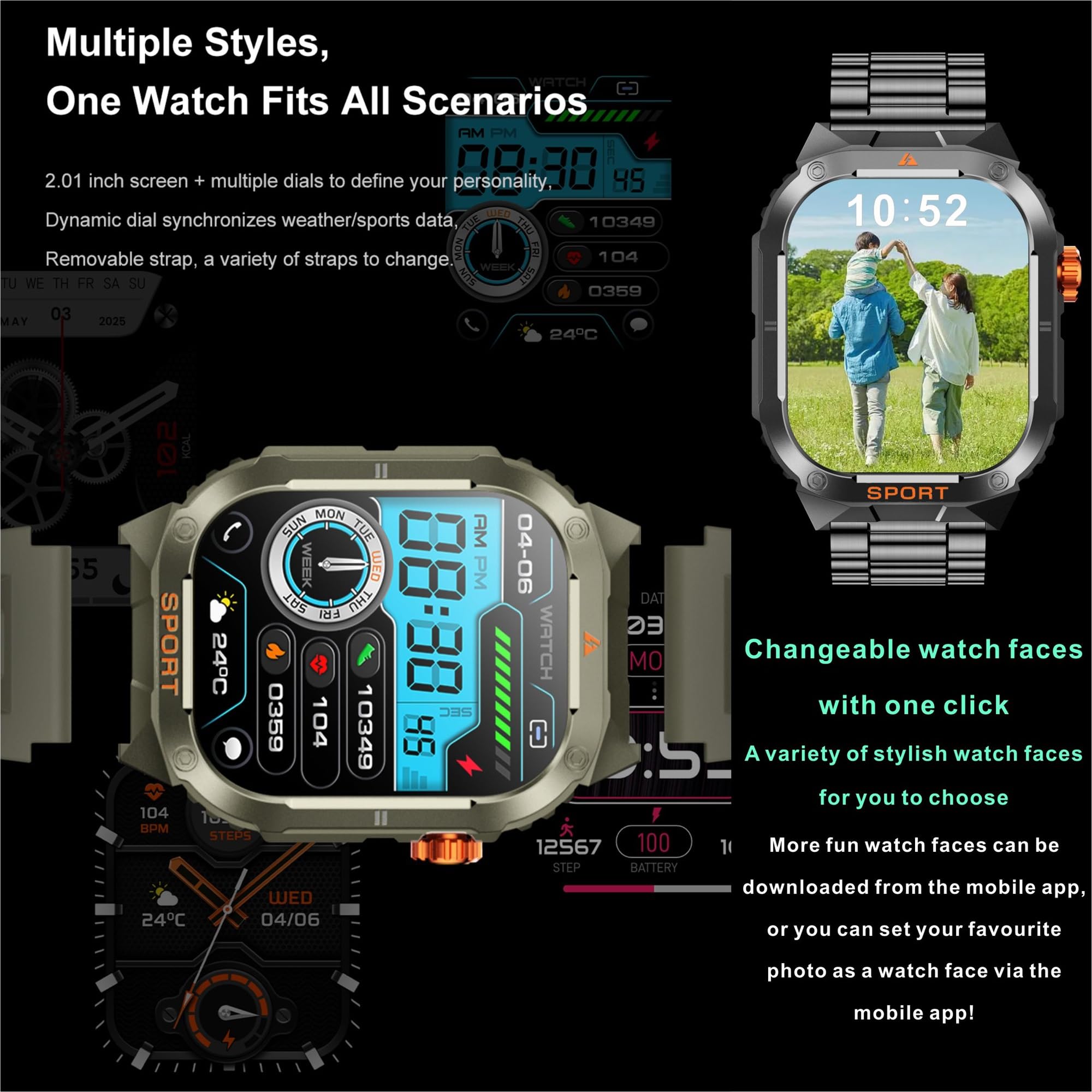 Smartwatch męski z funkcją telefonu, bateria 350 mAh, 2,01" AMOLED zegarek sportowy z Bluetooth, połączenia, zegarek fitness z monitorem snu, krokomierzem, wodoszczelność 5ATM, Smart Watch do systemu
