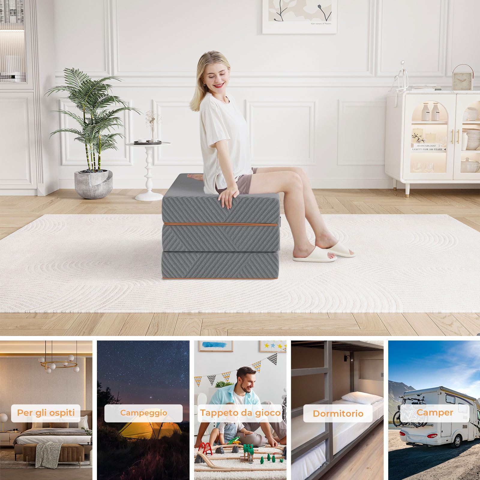 Vesgantti Materasso Pieghevole in Gel Memory Foam (Tri-Fold), Adatto per il Viaggio, il Campeggio, il Letto per gli Ospiti