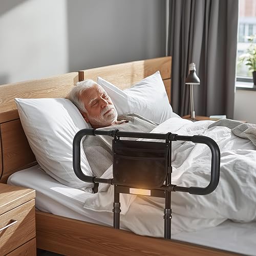 Miniatura 7 de Rieles de cama para adultos mayores productos de asistencia para ancianos con doble agarre ajustable, bolsillo de almacenamiento, luz con sensor de
