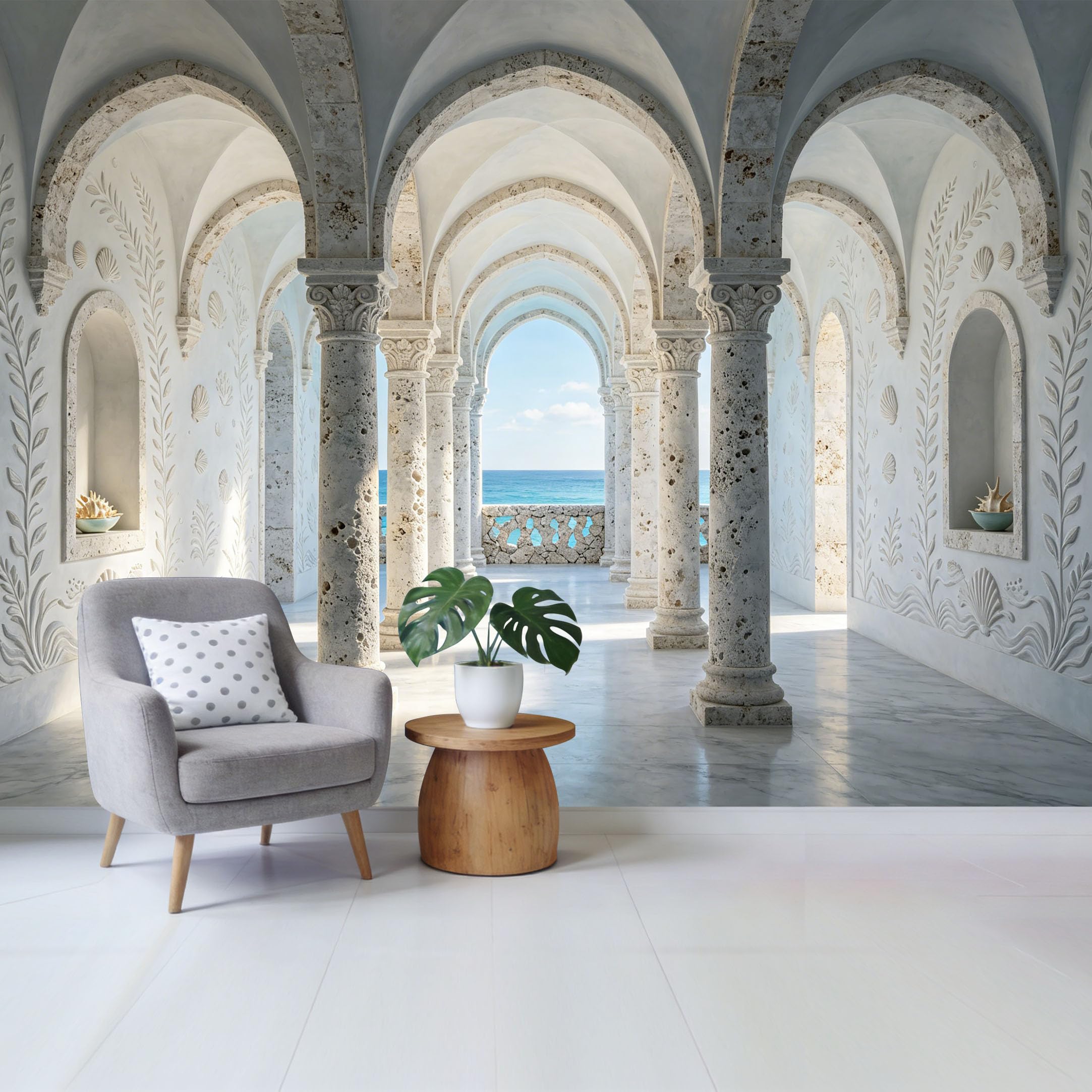 Removable Self Adhesive Fabric Mural， Mediterranean Coastal Stone Archway Custom Size Wall Covering， UV Protected Waterproof Washable Wall Decor for Living Room Bedroom Bathroom