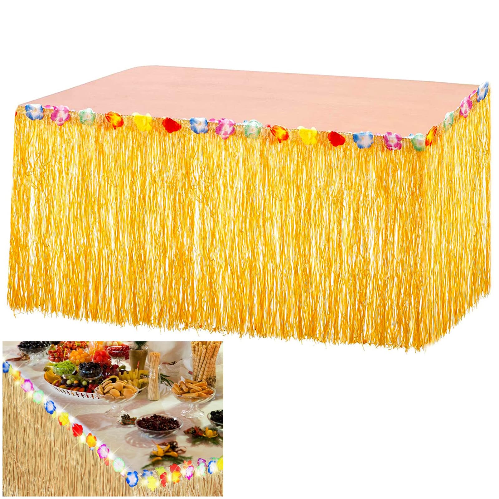 Jupe De Table Hawaïenne 275x60cm Avec Fleurs Multicolores - Décoration Fête Hawaii Dorée, Idéale Anniversaire Mariage